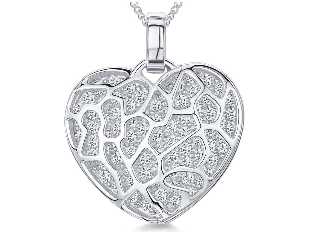 A sterling silver heart-shaped pendant covered in sparkling white cubic zirconia stones.-JOOLS by Jenny Brown
