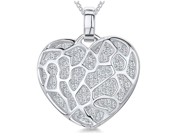 A sterling silver heart-shaped pendant covered in sparkling white cubic zirconia stones.-JOOLS by Jenny Brown