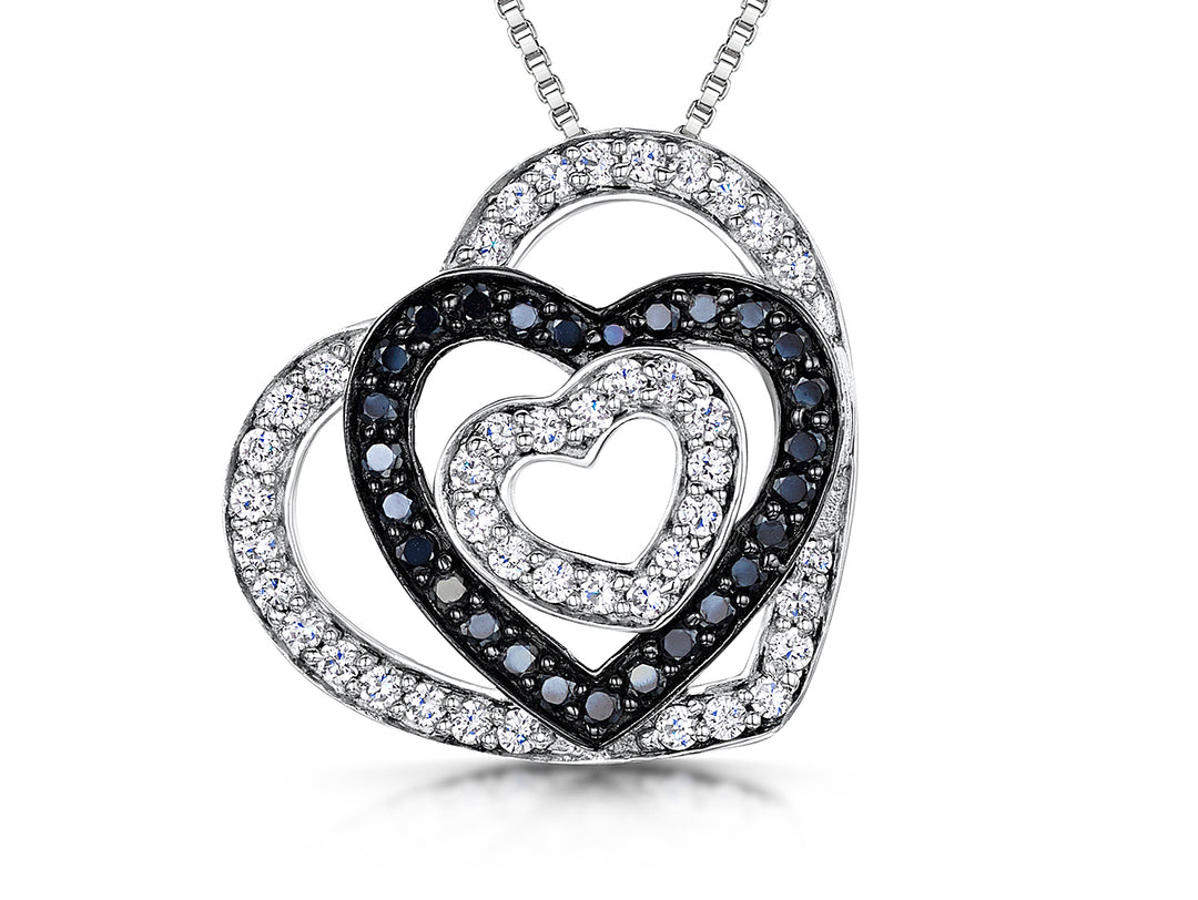 Sterling Silver Three Heart Pendant With Black and White Zirconia - JOOLS By Jenny Brown