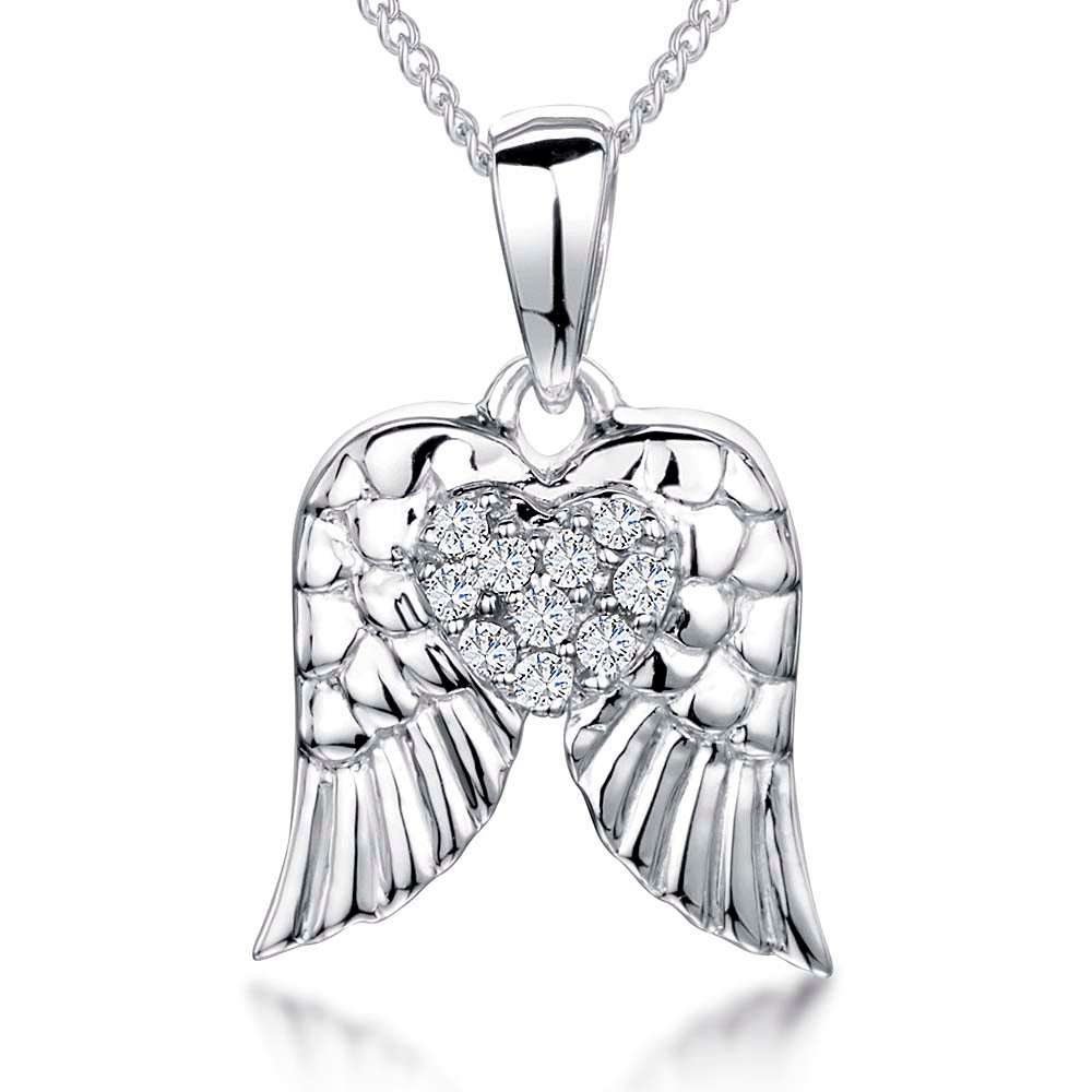 Sterling Silver Wing Pendant Set With A Cubic Zirconia Heart Centre