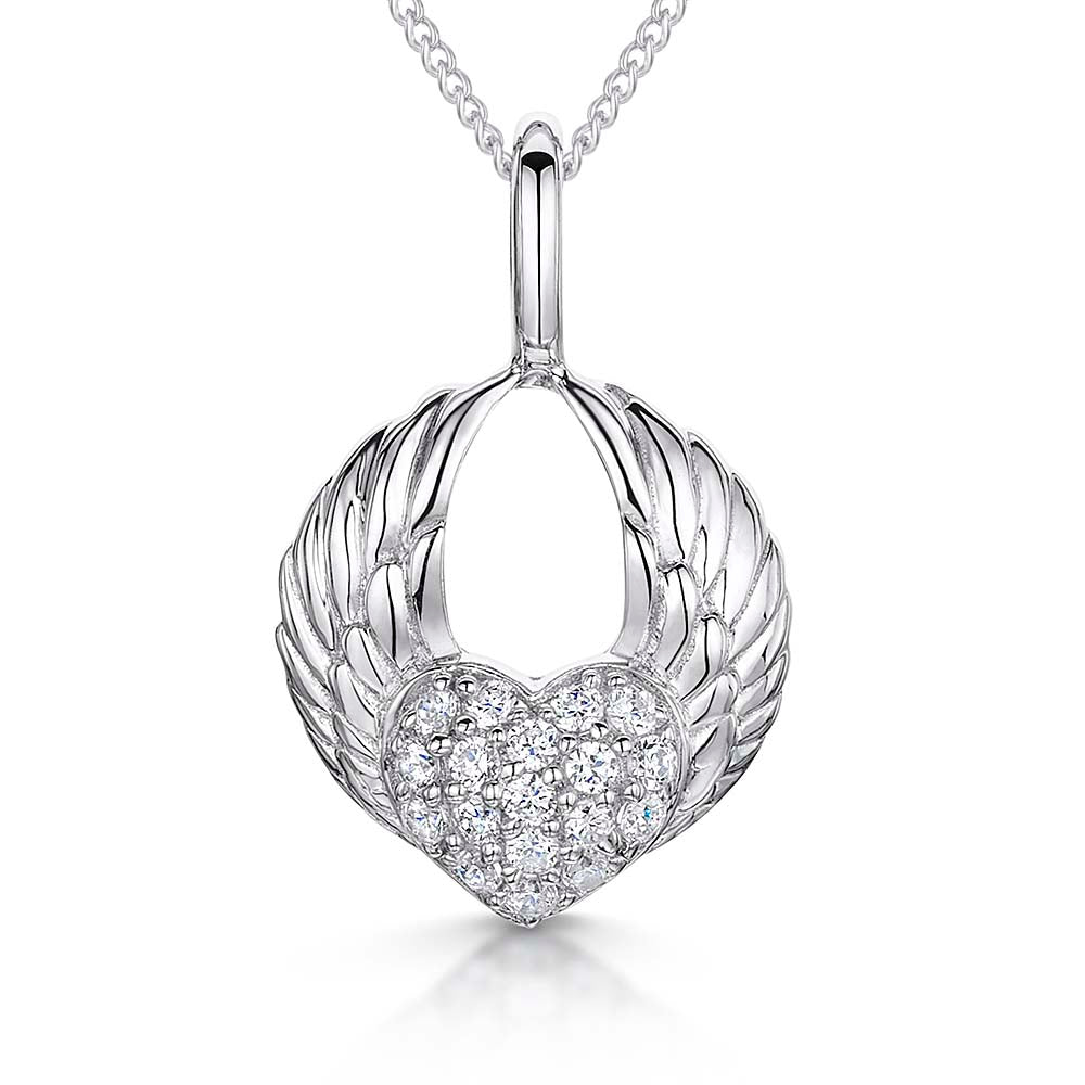 A sterling silver pendant featuring angel wings surrounding a heart-shaped pave with cubic zirconia  stones- JOOLS by Jenny Brown