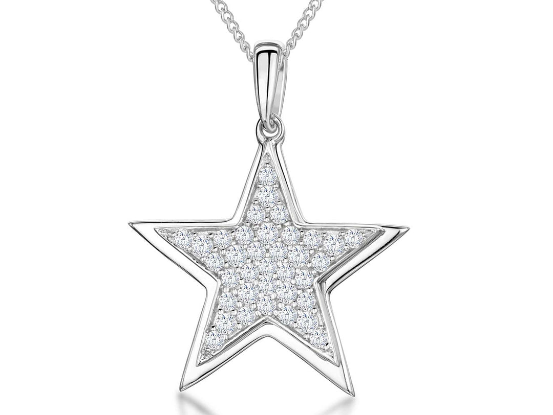 A sterling silver double star pendant with pave cubic zirconia stones, displayed on a silver curb chain.