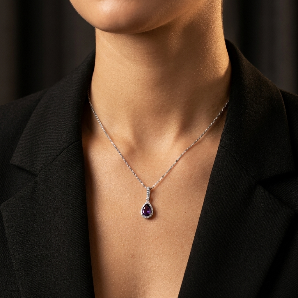 Sterling Silver Amethyst Zirconia Teardrop Pendant