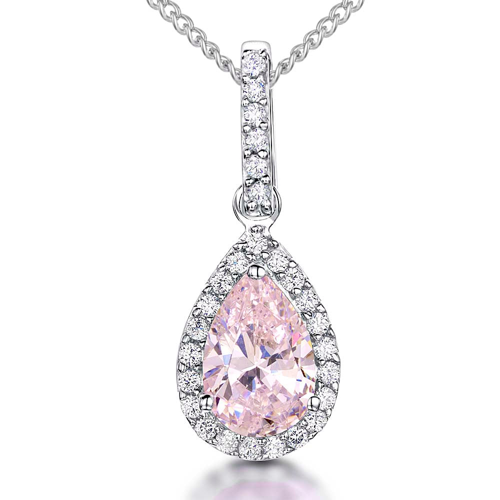 Sterling Silver Light Pink Halo Cubic Zirconia Teardrop Pendant