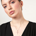 Load image into Gallery viewer, A sterling silver cross pendant encrusted with round white zirconia stones on a chain-JOOLS by Jenny Brown
