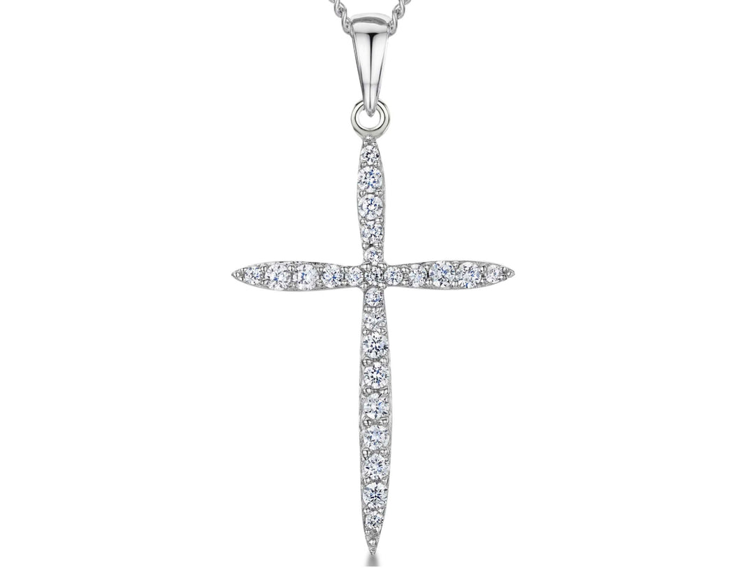 A sterling silver cross pendant encrusted with round white zirconia stones on a chain-JOOLS by Jenny Brown