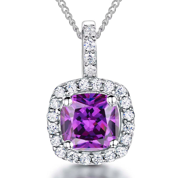 Sterling Silver Amethyst Halo Cushion Cut Pendant
