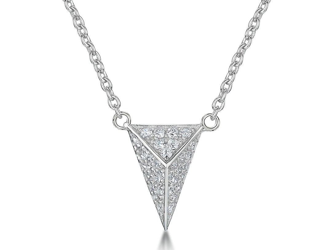 Sterling Silver Pyramid Shaped Pendant On A Fixed Chain With Pave Set Cubic Zirconias