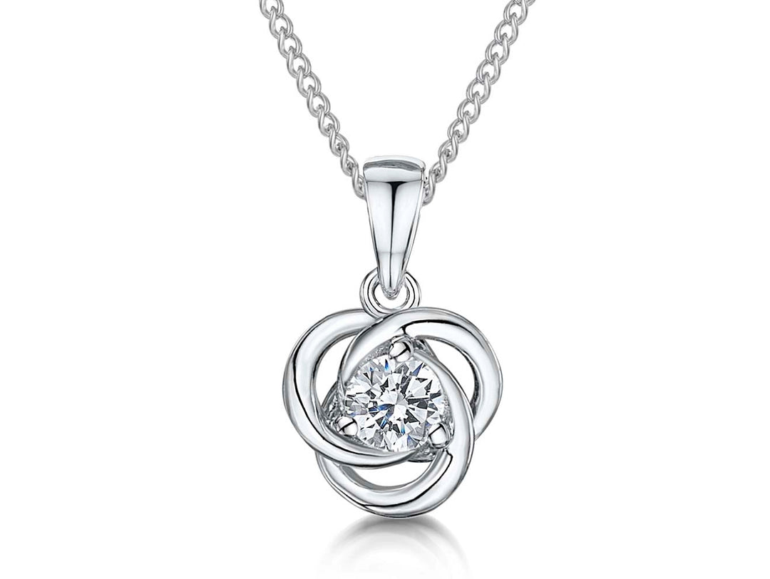 A sterling silver pendant with interlinked circles and a central cubic zirconia, attached to a chain.