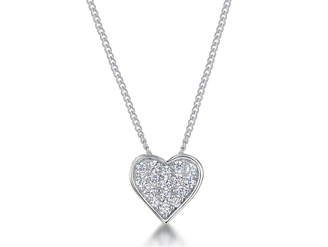 A sterling silver pave set heart-shaped pendant with cubic zirconia stones, attached to a chain-JOOLS by Jenny Brown