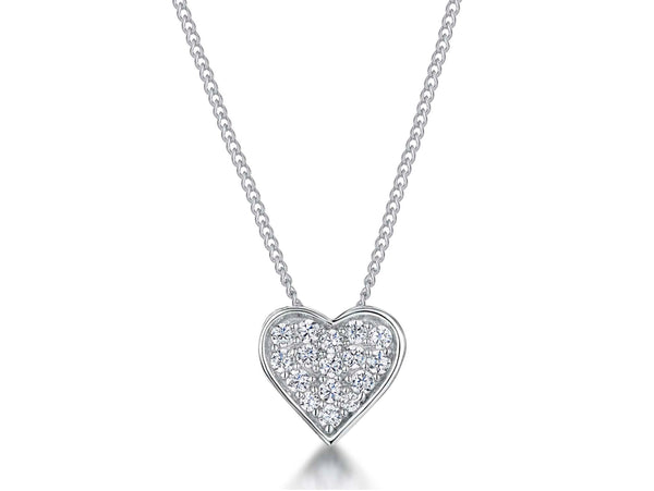 A sterling silver pave set heart-shaped pendant with cubic zirconia stones, attached to a chain-JOOLS by Jenny Brown