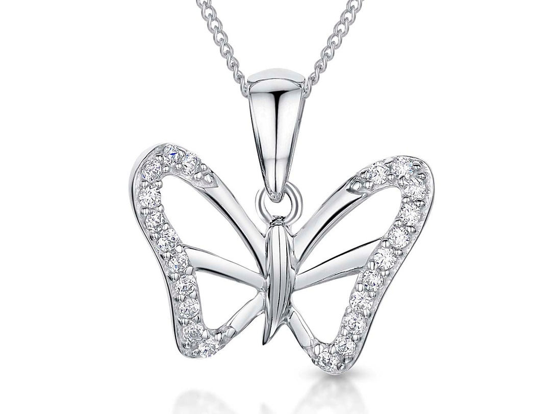 Sterling Silver Open Butterfly Necklace With A Cubic Zirconia Stone Set Surround