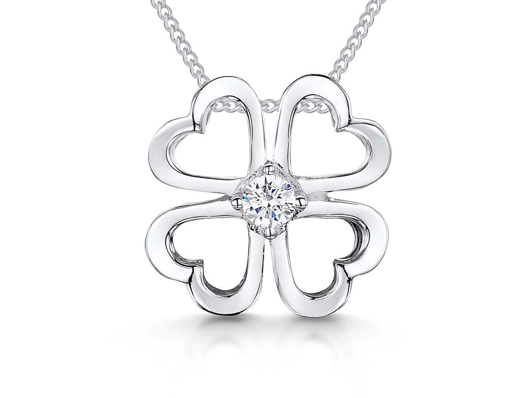 Sterling silver open four leaf clover pendant with a 3mm central cubic zirconia, attached to a silver chain-JOOLS by Jenny Brown