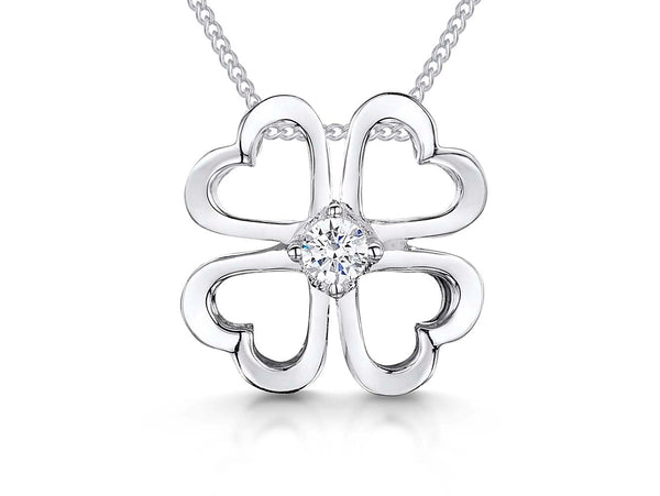 Sterling silver open four leaf clover pendant with a 3mm central cubic zirconia, attached to a silver chain-JOOLS by Jenny Brown