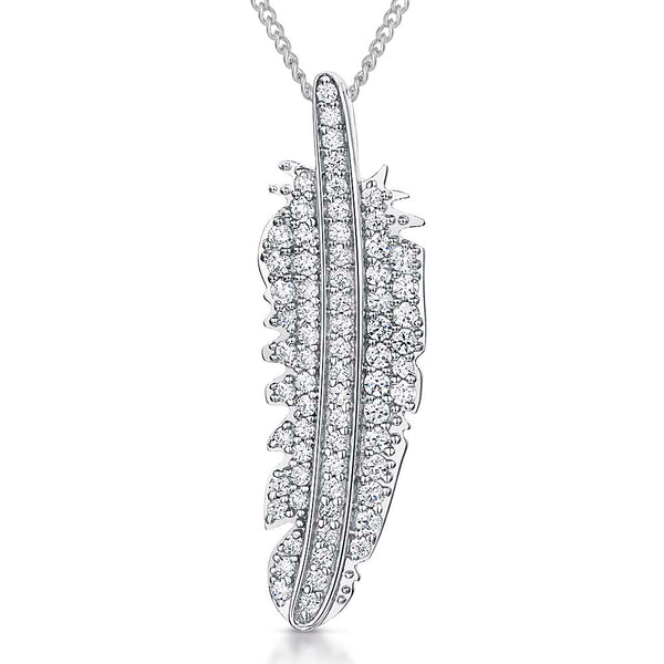 Sterling Silver Feather Pendant Set With Cubic Zirconias