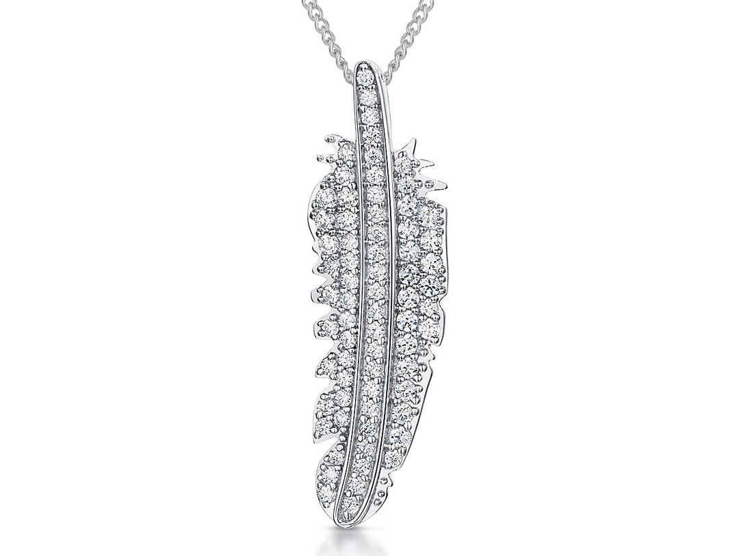 Sterling Silver Feather Pendant Set With Cubic Zirconias
