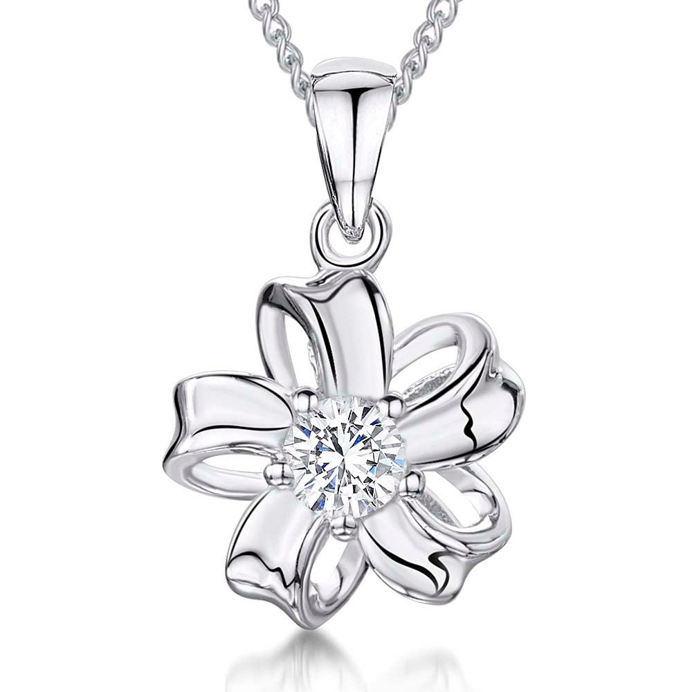 Sterling Silver Flower With Folded Petals And Central Cubic Zirconia
