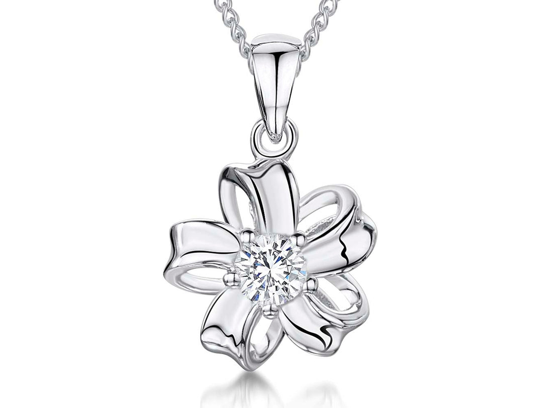 Sterling Silver Flower With Folded Petals And Central Cubic Zirconia