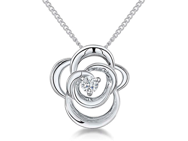 Sterling silver open twisted flower pendant with a cubic zirconia center, attached to a silver chain-JOOLS by Jenny Brown