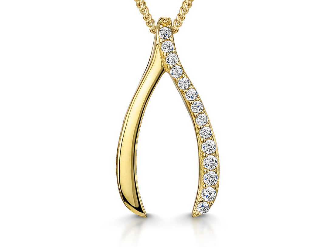 Yellow Gold Half Pave Cubic Zirconia Wishbone Pendant