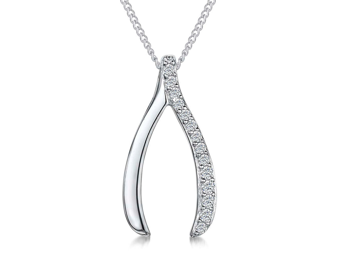 A sterling silver wishbone pendant with half pave set cubic zirconia, attached to a silver curb chain-JOOLS by Jenny Brown