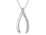 Load image into Gallery viewer, A sterling silver wishbone pendant with half pave set cubic zirconia, attached to a silver curb chain-JOOLS by Jenny Brown
