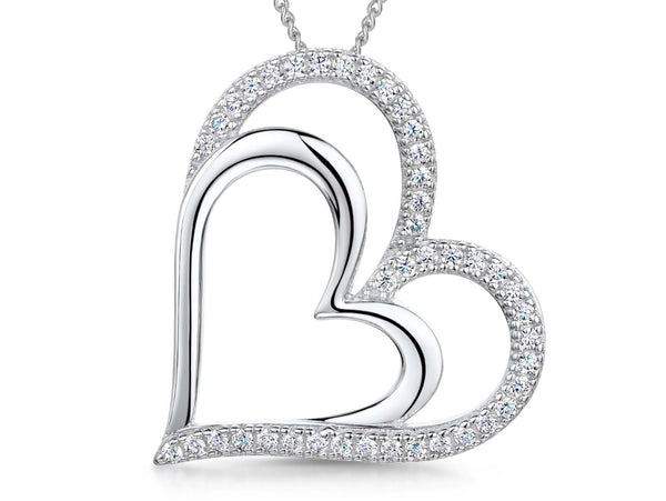 Sterling silver double heart pendant with pave set cubic zirconias and an adjustable chain.