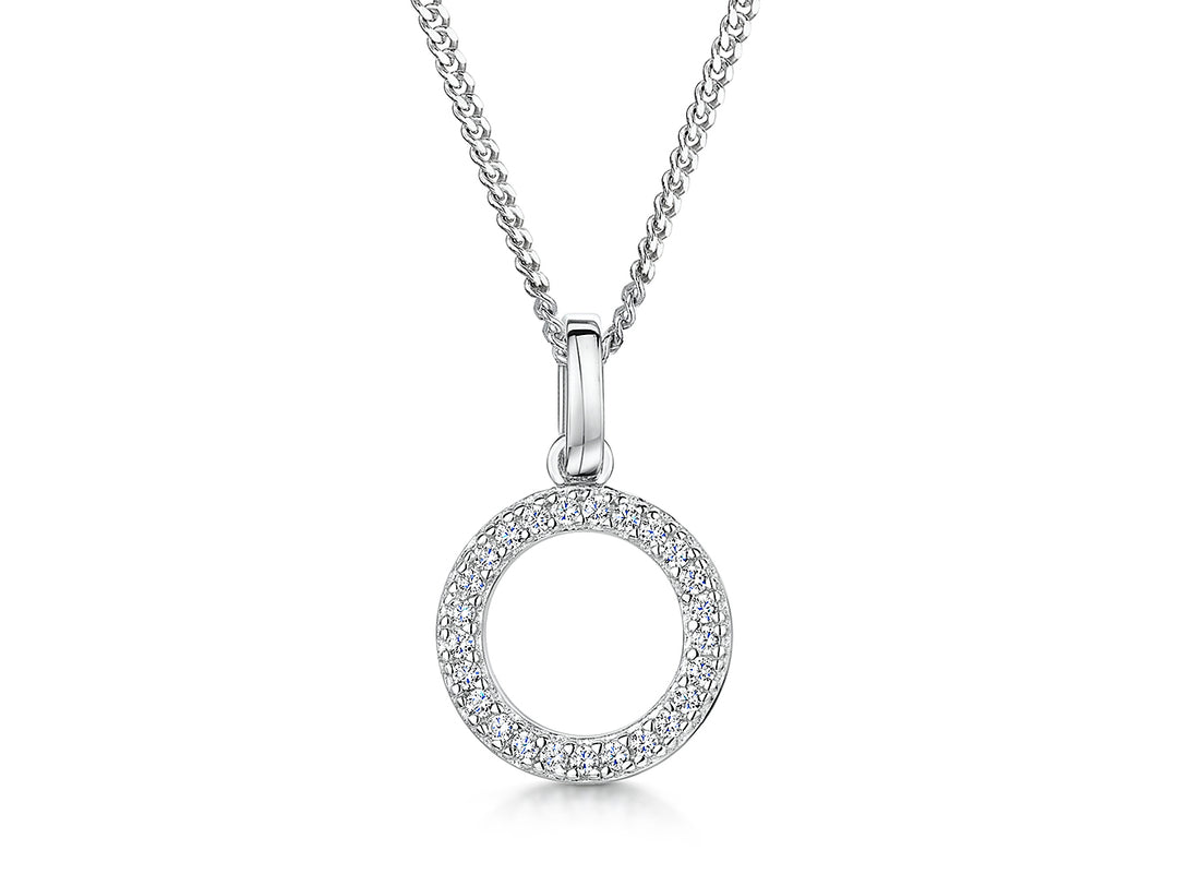 A sterling silver small open circle pendant set with pave cubic zirconia's on a chain,-JOOLS by Jenny Brown