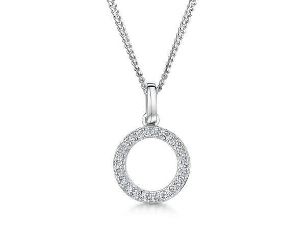 A sterling silver small open circle pendant set with pave cubic zirconia's on a chain,-JOOLS by Jenny Brown