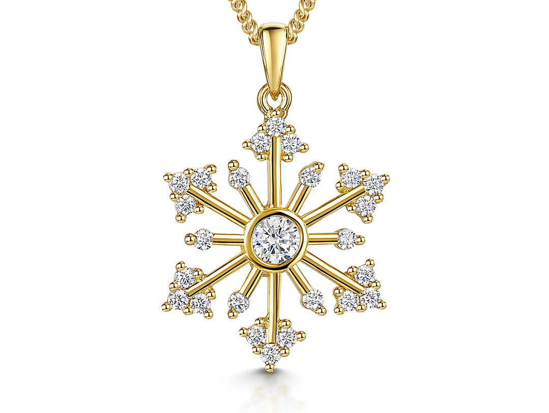 Yellow Gold Cubic Zirconia Snowflake Necklace With A Single Round Stone Centre