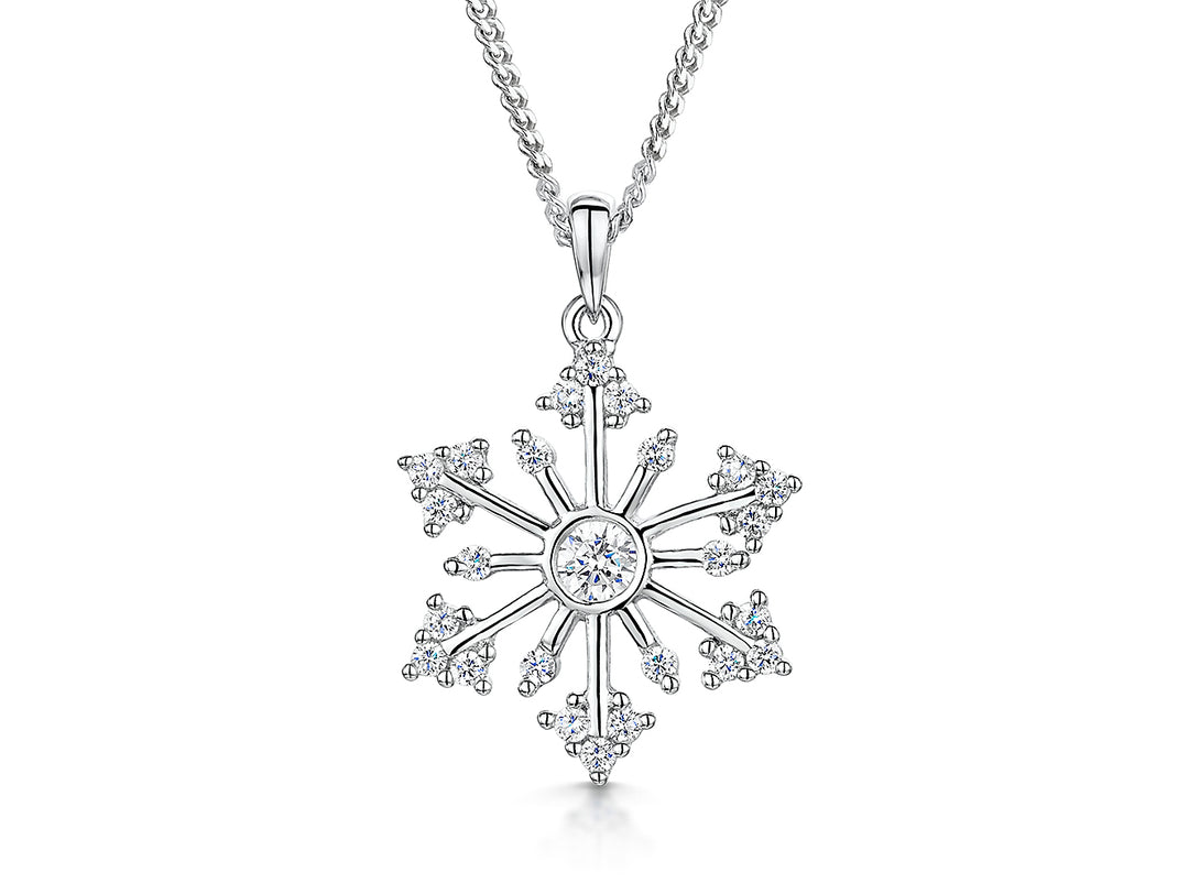 Sterling Silver Cubic Zirconia Snowflake Round Pendant