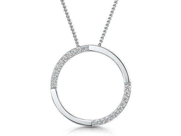 A sterling silver open circle pendant with cubic zirconia stones set in a semi-polished finish, attached to a silver chain.-JOOLS by Jenny Brown
