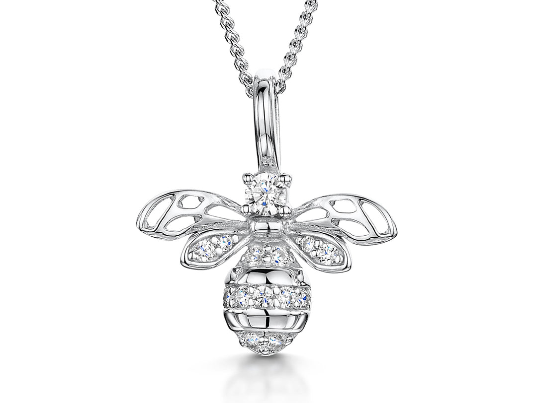 A sterling silver necklace with a bee-shaped pendant encrusted with cubic zirconia, on a chain.