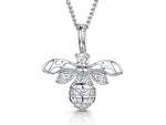 Load image into Gallery viewer, A sterling silver necklace with a bee-shaped pendant encrusted with cubic zirconia, on a chain.

