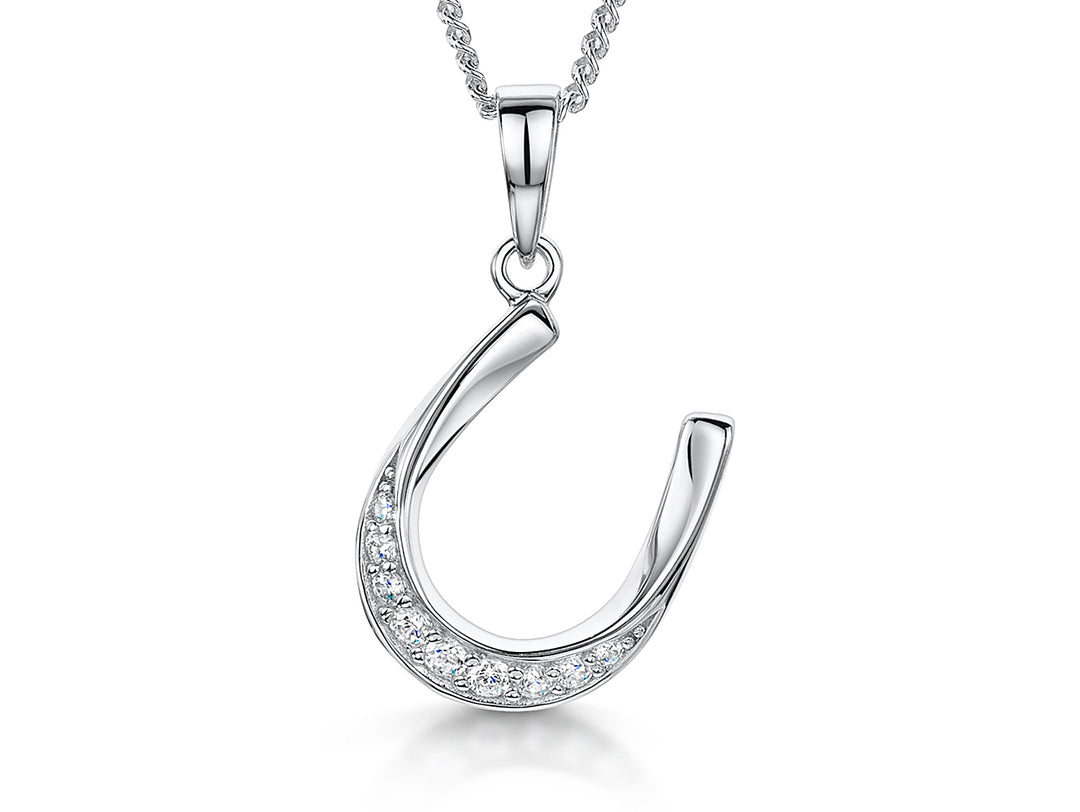 A sterling silver horseshoe pendant pave set with cubic zirconia, on an adjustable chain.-JOOLS by Jenny Brown