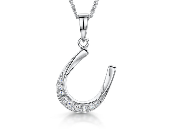 A sterling silver horseshoe pendant pave set with cubic zirconia, on an adjustable chain.-JOOLS by Jenny Brown