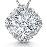 Load image into Gallery viewer, A sterling silver cushion cut halo cubic zirconia pendant with a 3 carat equivalent, featuring a surrounding stones and an adjustable chain-JOOLS by Jenny Brown
