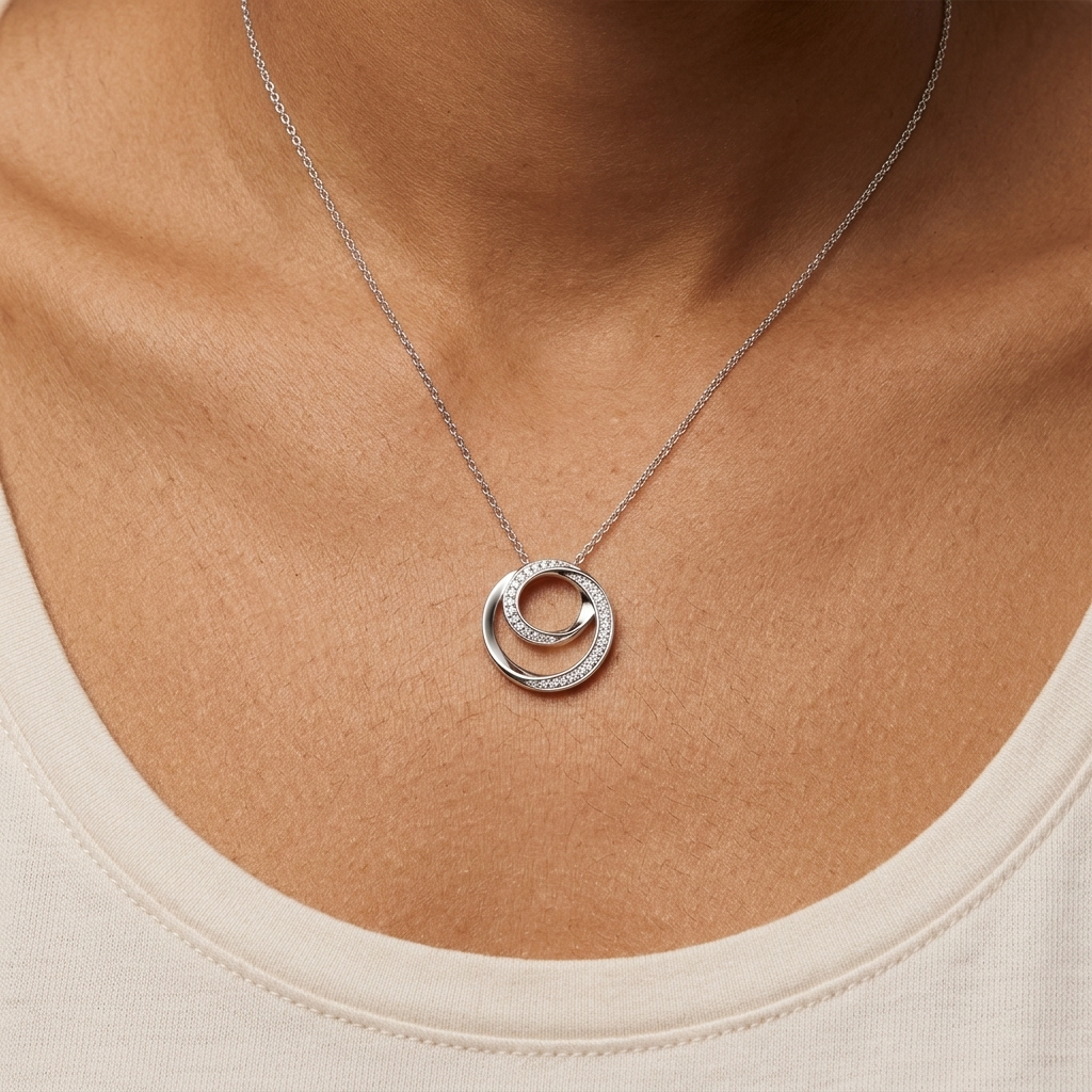 Half Pave Silver Circle Pendant