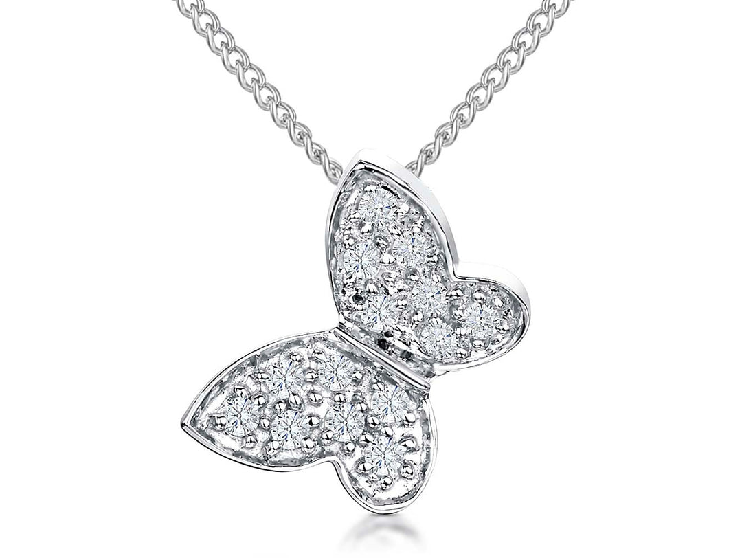 A sterling silver necklace with a small pave set butterfly pendant made of cubic zirconia stones-JOOLS by Jenny Brown
