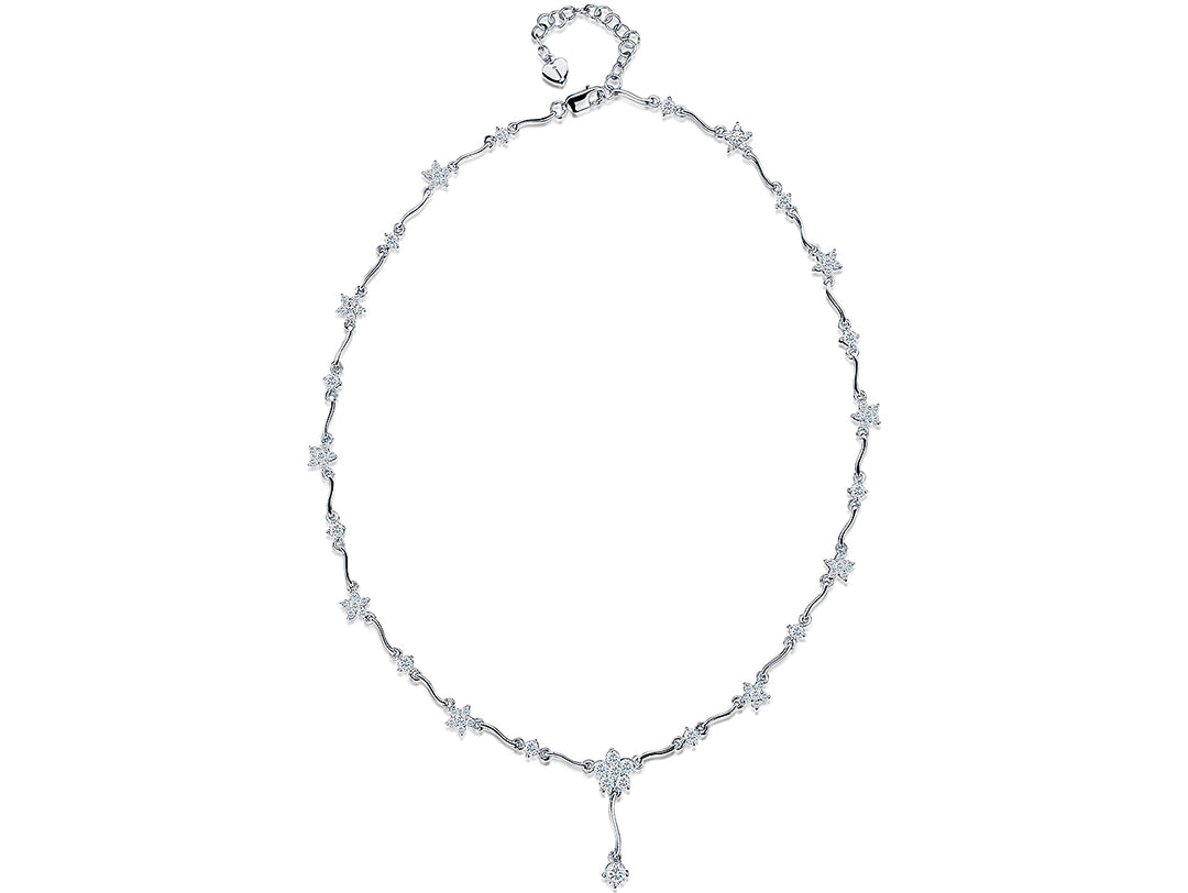 Sterling Silver Flower Drop Necklace Set With  Cubic Zirconia Stones