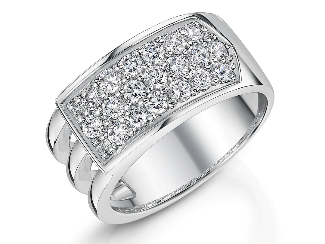 Sterling silver ring with a half pave of cubic zirconias and three open bands on the sides, presented against a white background.