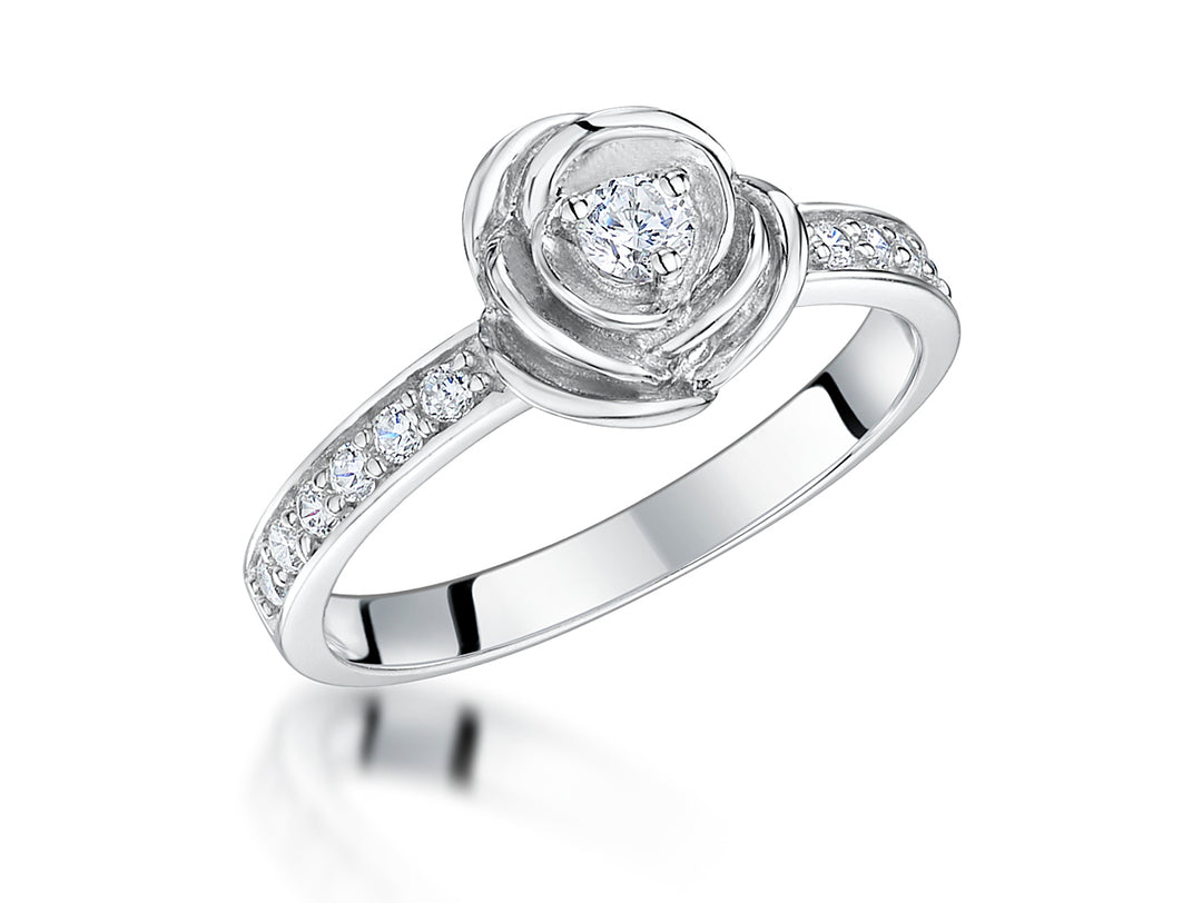 Sterling Silver Rose Ring With Cubic Zirconia Set Band