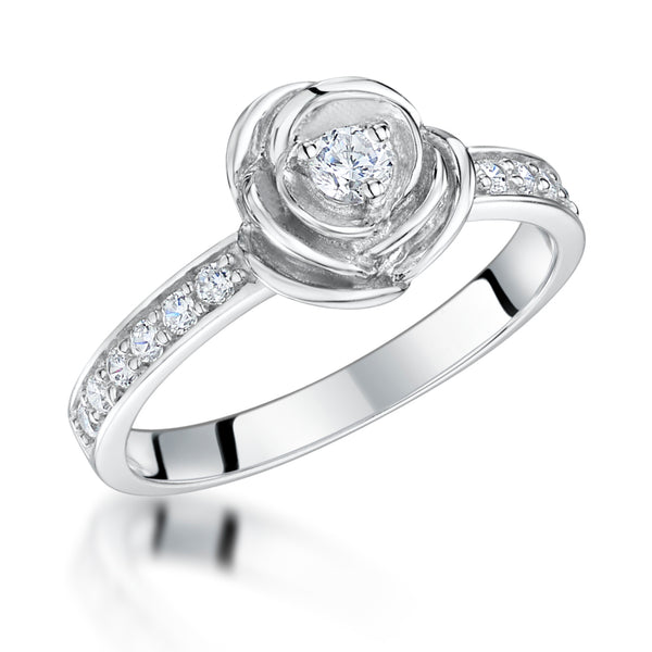 Sterling Silver Rose Ring With Cubic Zirconia Set Band