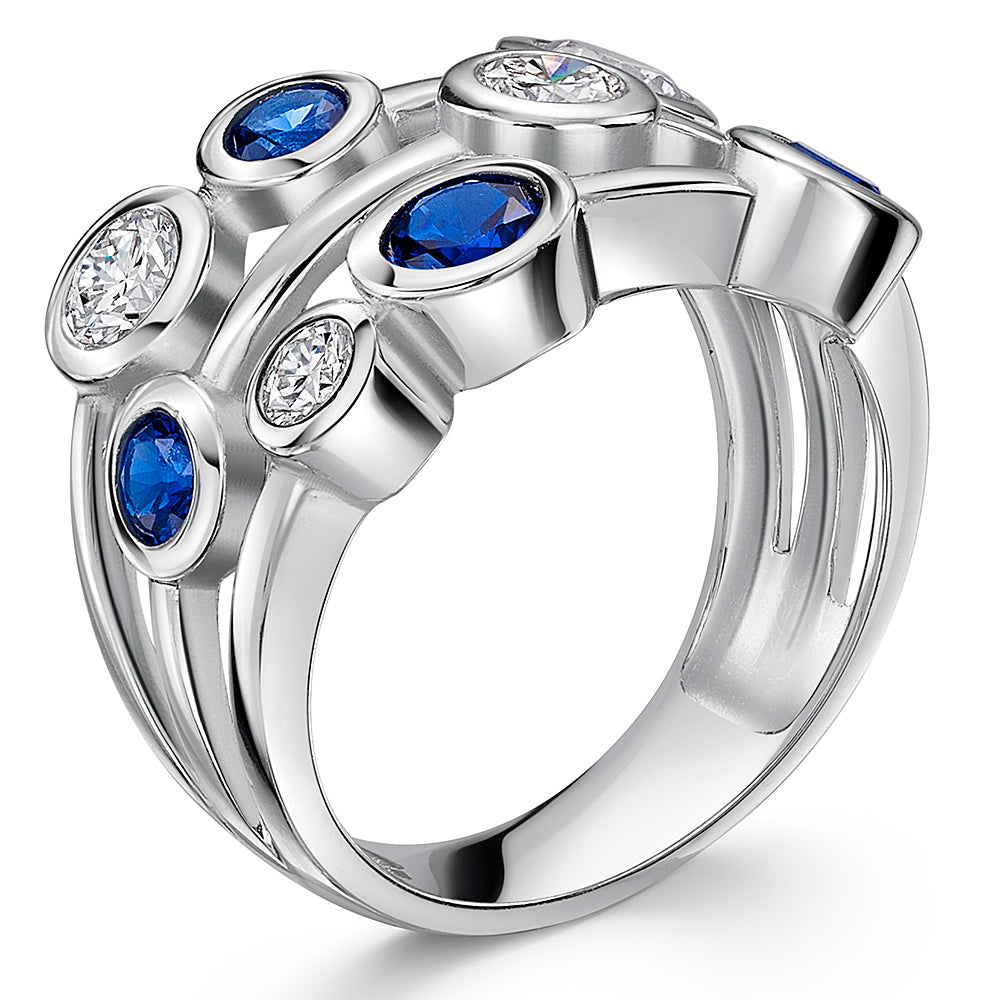 Sterling Silver 9  Stone Bubble Ring With  White & Sapphire Blue Cubic Zirconia-JOOLS by Jenny Brown