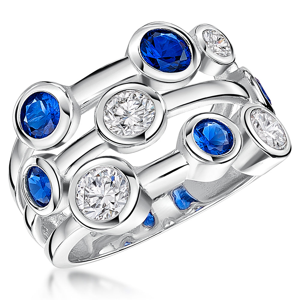 Sterling Silver 9  Stone Bubble Ring With  White & Sapphire Blue Cubic Zirconia-JOOLS by Jenny Brown
