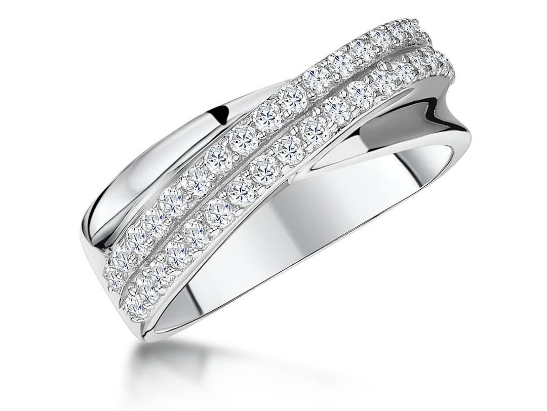 Sterling Silver Twisted Band Ring  Set With Cubic Zirconia Stones