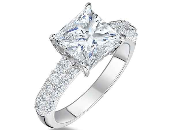 Sterling Silver Princess Cut Square Solitaire Ring Set 3  Carat Centre Stone With Stone Set Shoulders - JOOLS By Jenny Brown