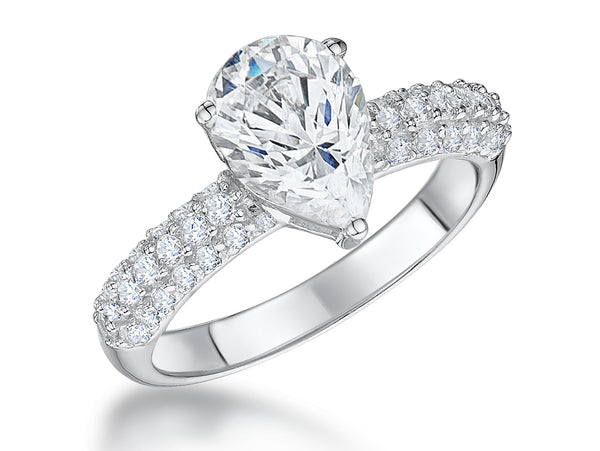 Sterling Silver Solitaire Ring Set With A Three Carat Pear Shape Centre Stone With Two Rows of Pave Set Stone Shoulders - JOOLS By Jenny Brown