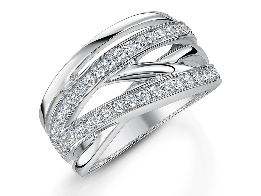 A sterling silver ring with intricate woven bands and pave set cubic zirconia stones-JOOLS by Jenny Brown
