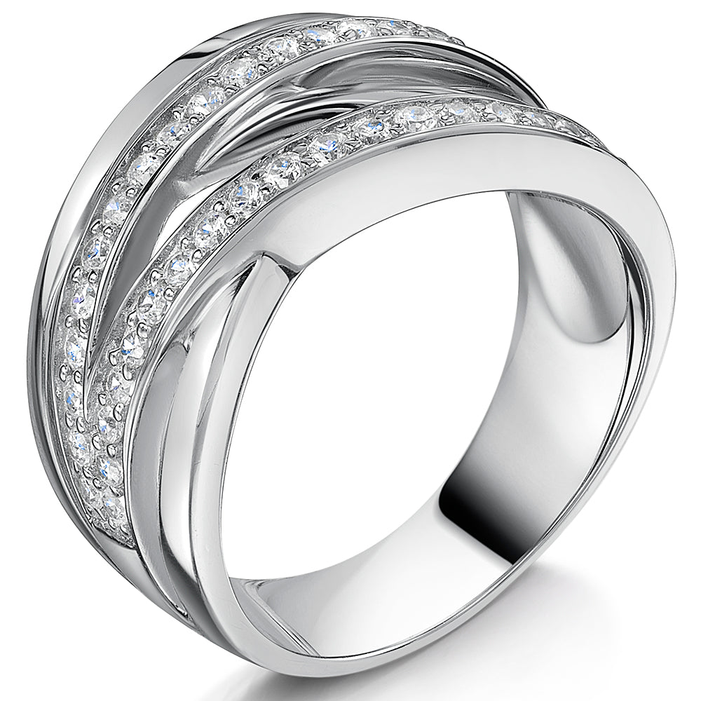 A sterling silver ring with intricate woven bands and pave set cubic zirconia stones-JOOLS by Jenny Brown
